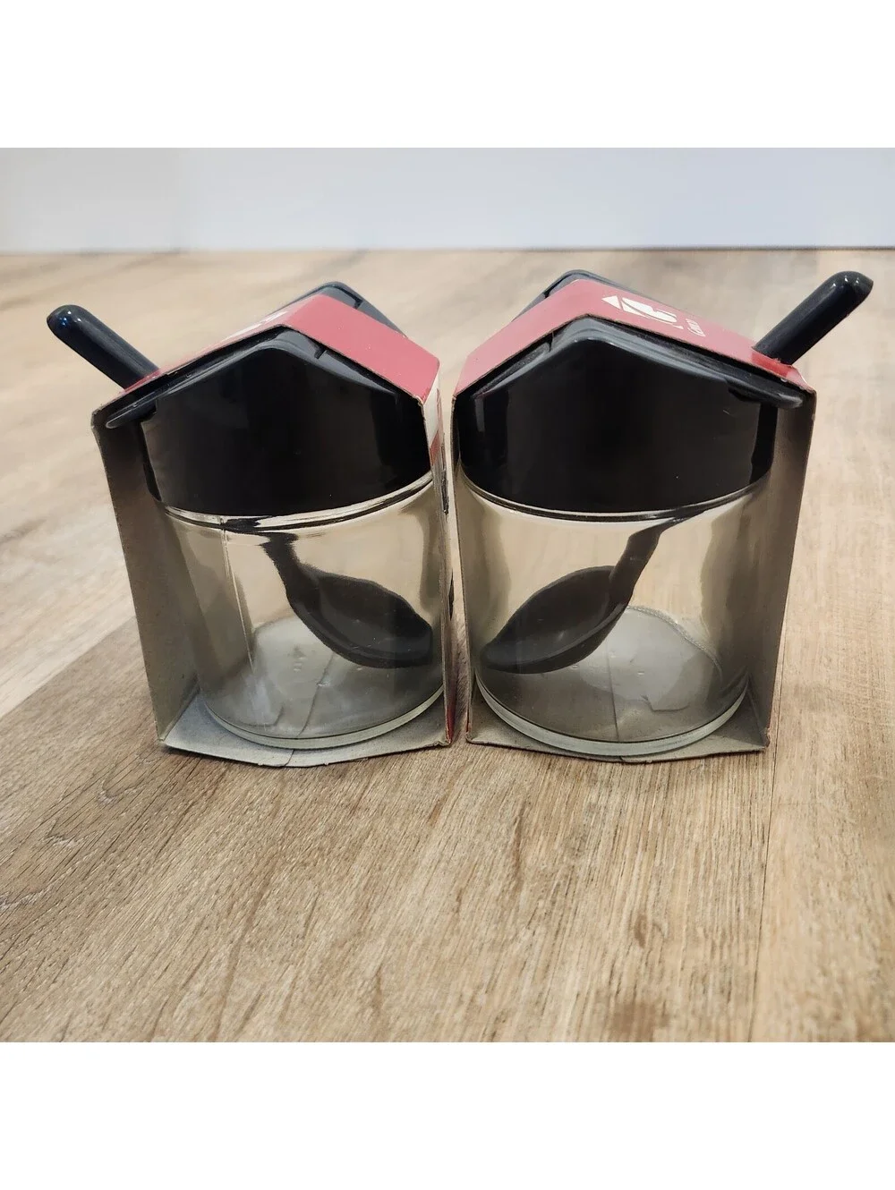 Set Of 2 Vintage Gemco Black Condiment Jars W/ Spoon Glass MCM Jelly Sugar Salsa